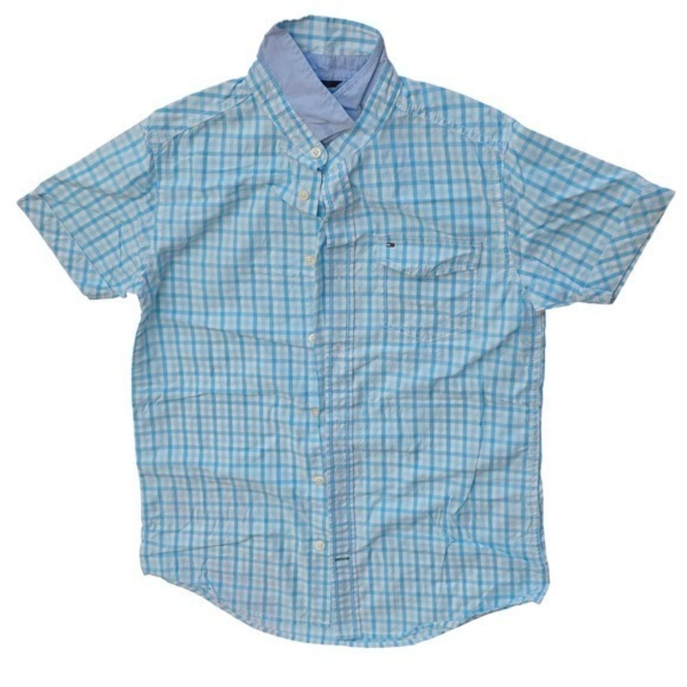 Tommy Hilfiger Boys Button Down Shirt sz L 16/18 Blue White Gingham Short Sleeve